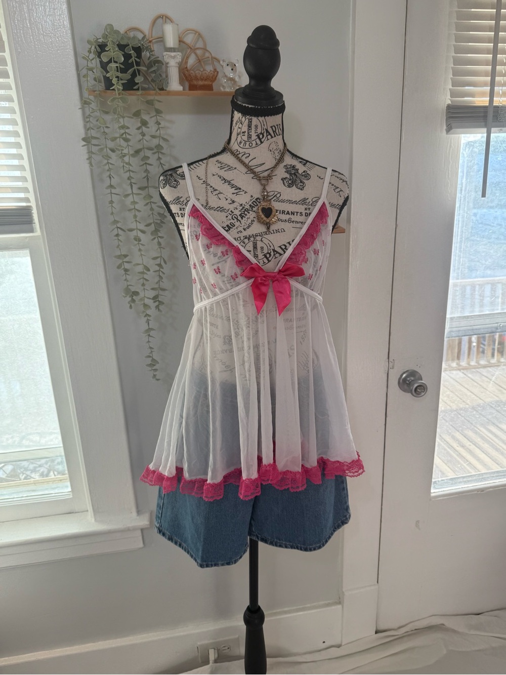 Coquette Y2K bow babydoll top with pink ruffles size XL